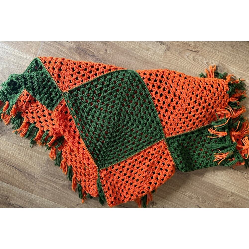 Handmade Granny Square Afghan Crochet Blanket With Fringe 51”x65”Orange & green